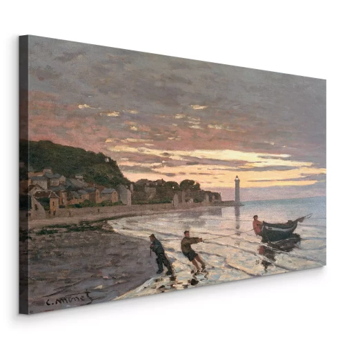Canvas Boten worden bij zonsondergang uit de haven van Honfleur gesleept
