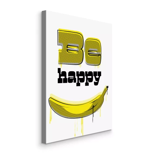 Canvas Een gele banaan met de tekst Be Happy erop geschreven