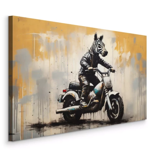 Canvas Een zebra op een motorfiets in een abstracte benadering