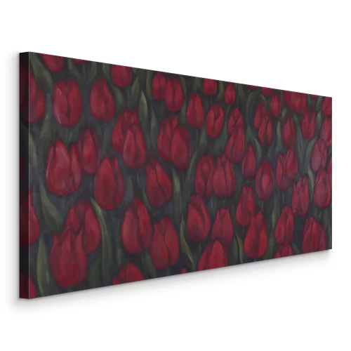 Canvas Een veld met donkerrode tulpen in schilderachtige stijl