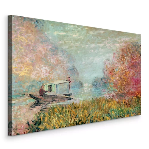 Canvas Een visser in een boot tussen het herfstriet