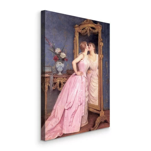 Canvas Een vrouw in een roze jurk kijkt naar zichzelf in de spiegel