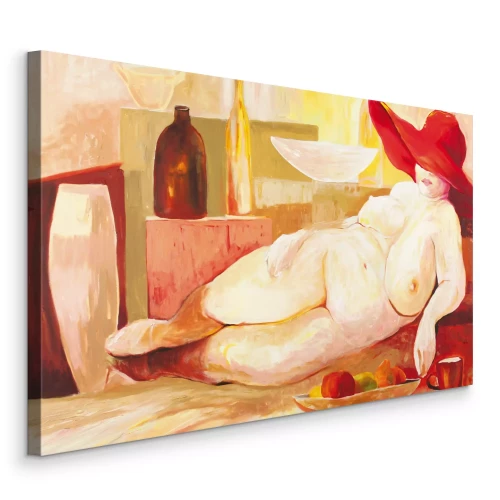 Canvas Een rondborstige vrouw met een rode hoed