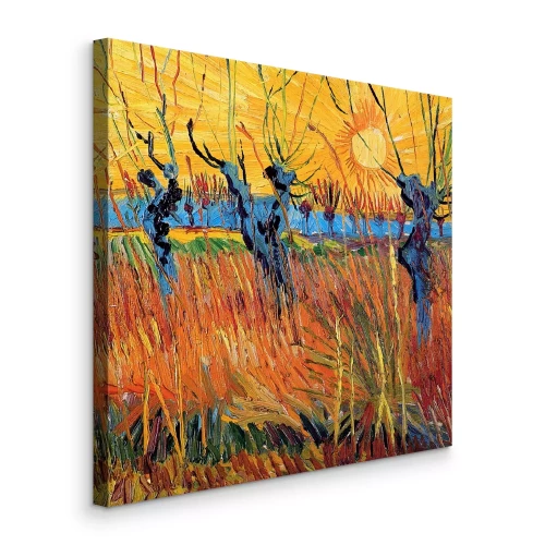 Canvas Zonsondergang tussen wilgen en kleurrijke graslanden