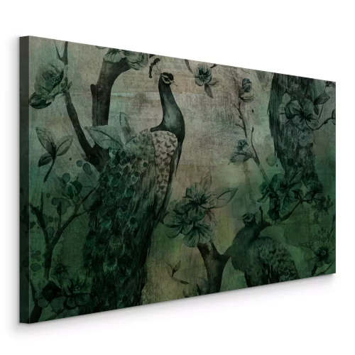 Canvas Donkergroen motief met een pauw en bloemen op een gestructureerde achtergrond