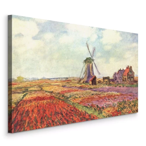 Canvas Een schilderachtig landschap met een bloemenveld, een huisje en een molen