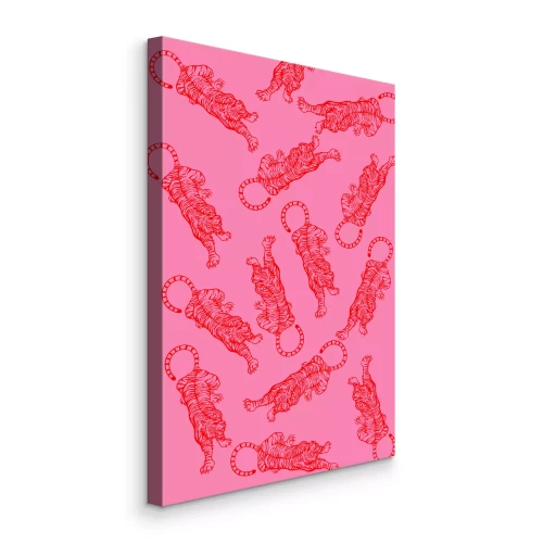 Canvas Rode tijgertekeningen op een roze achtergrond