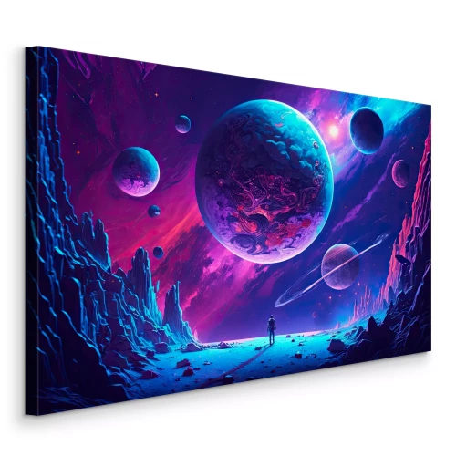 Canvas Abstracte man in de ruimte op een rotsachtige planeet