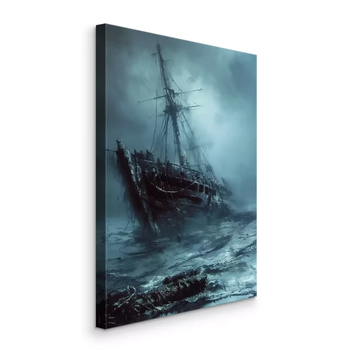 Canvas Verlaten schipbreuk op een schuimende zee