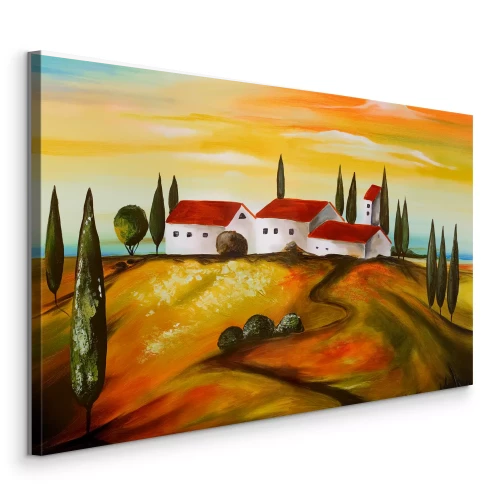 Canvas Witte huizen op een heuvel omringd door cipressen