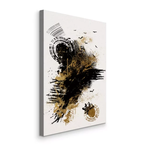 Canvas Zwart-gouden abstractie met vogels in een dynamische stijl