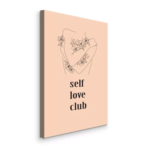 Canvas Een tekening van het silhouet van een vrouw met daarop de tekst &quot;self love club&quot;.
