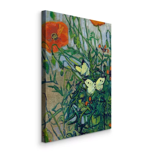 Canvas Landschap van een weide met klaprozen en zwevende vlinders