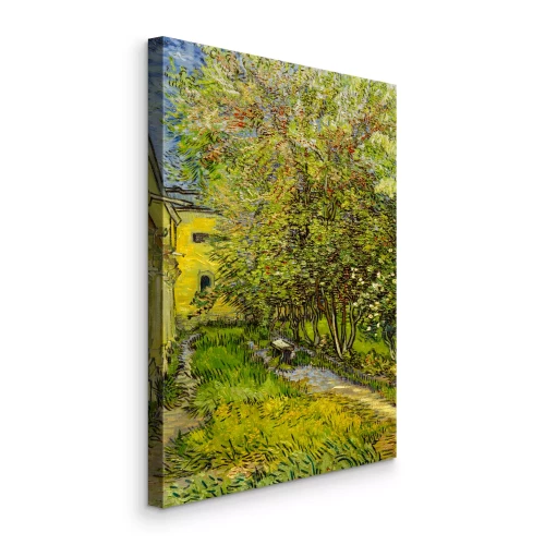 Canvas Een pittoreske tuin vol groen en bloeiende bomen