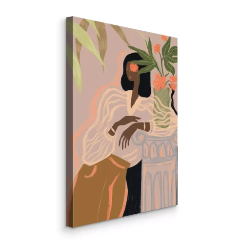 Canvas Geïllustreerd portret van een vrouw leunend tegen een zuil