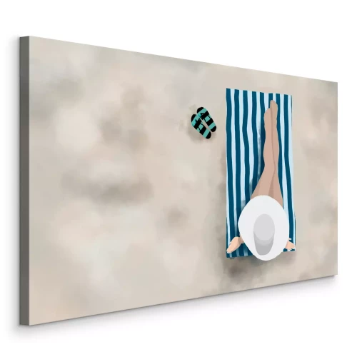 Canvas Geïllustreerde vrouw op een handdoek op het strand