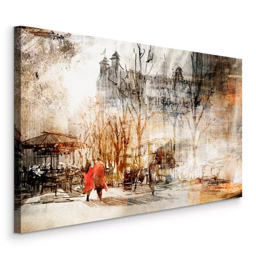 Canvas Een stel wandelt door de stad in een artistieke setting