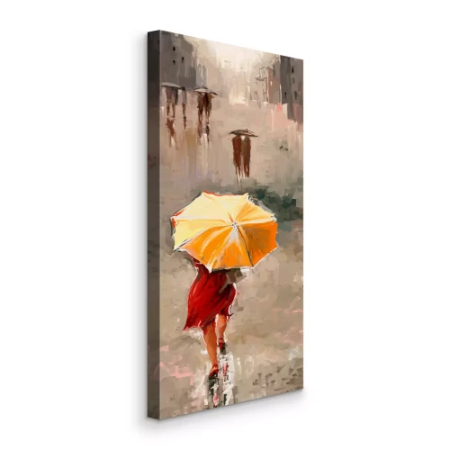 Canvas Silhouet van een vrouw in een rode jurk onder een gele paraplu
