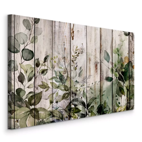 Canvas Een plantenpatroon op witgekalkte planken