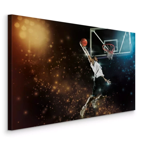 Canvas Een basketballer slaat de bal in het licht