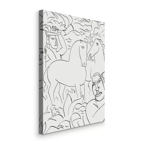 Canvas Een figuur met een kruik en fruit tussen paarden