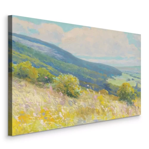 Canvas Begroeide hellingen in het licht van een zomermorgen