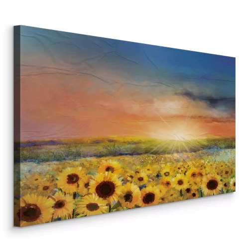 Canvas Gouden zonnebloemen in het licht van de ondergaande zon