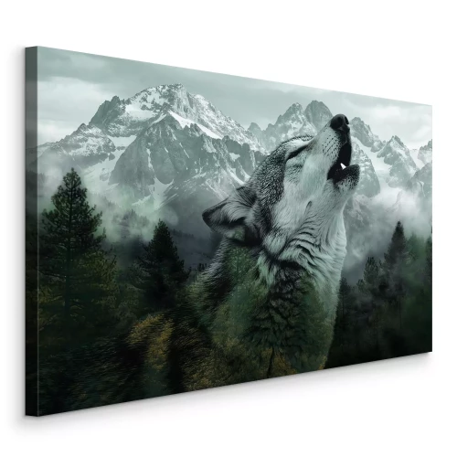 Canvas Een eenzame wolf tegen de achtergrond van bergen en dichte sparrenbomen