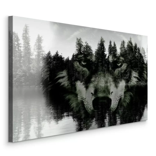 Canvas Een wolf in een abstract landschap van een naaldbos