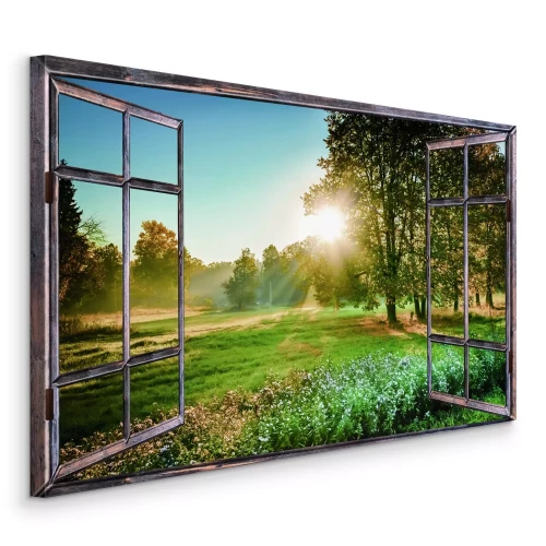 Canvas Ochtendzicht op de weide en bomen in de zon
