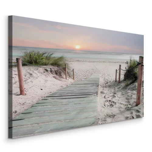 Canvas Houten pad naar het strand met een zeehorizon