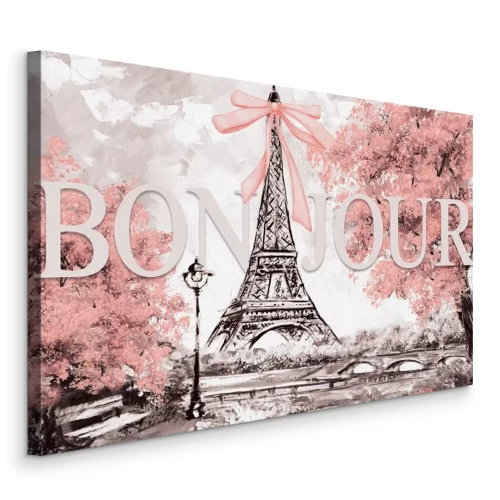 Canvas De romantische Eiffeltoren omringd door bloeiende bomen