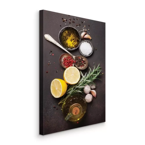 Canvas Een compositie van kruiden met olijfolie en rozemarijn