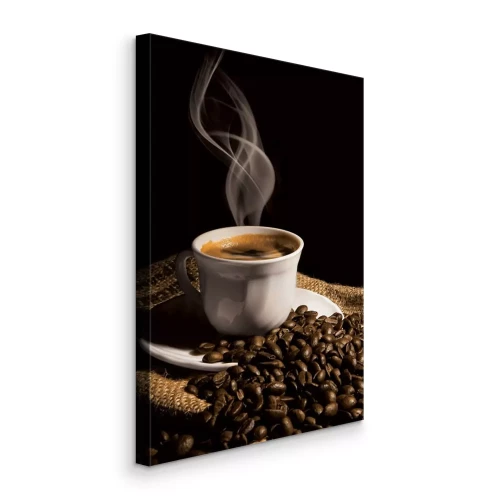 Canvas Verse zwarte koffie in een porseleinen kopje met bonen