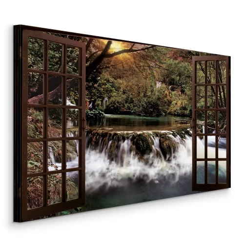 Canvas Een beek die door het groen buiten het raam stroomt
