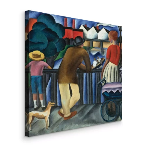 Canvas Familie op een brug over een rivier