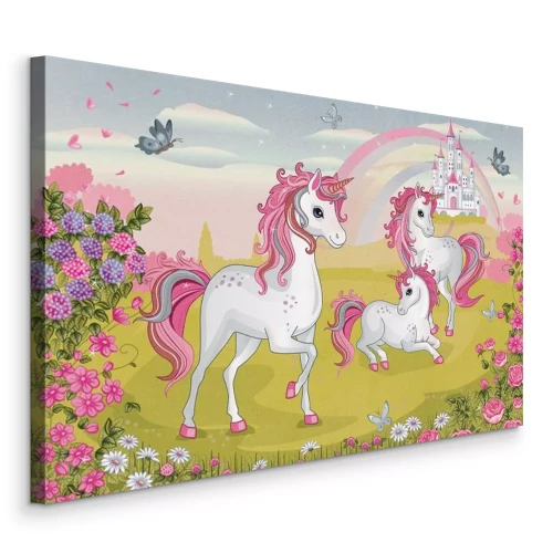 Canvas Eenhoorns tussen bloemen met een kasteel op de achtergrond