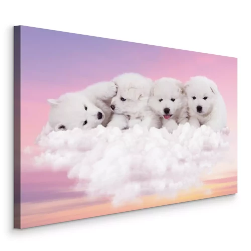 Canvas Kleine witte hondjes op een pluizige wolk