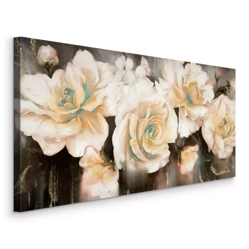Canvas Witte rozenbloemen op een contrasterende donkere aquarelachtergrond