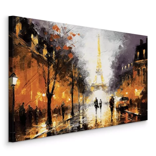 Canvas Een Parijse straat 's nachts verlicht met de Eiffeltoren