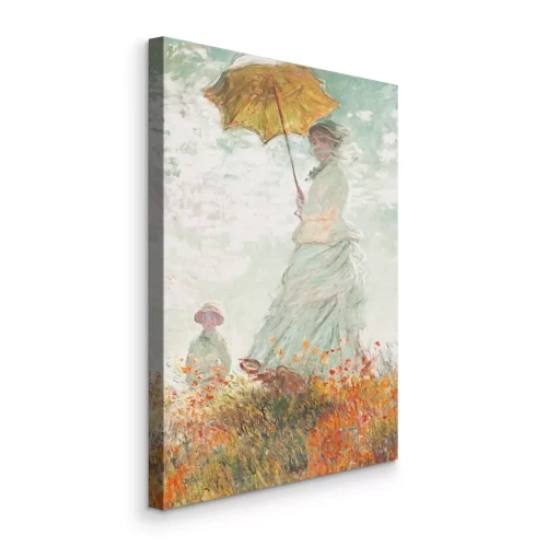 Canvas Moeder en kind onder een paraplu in een bloemenweide