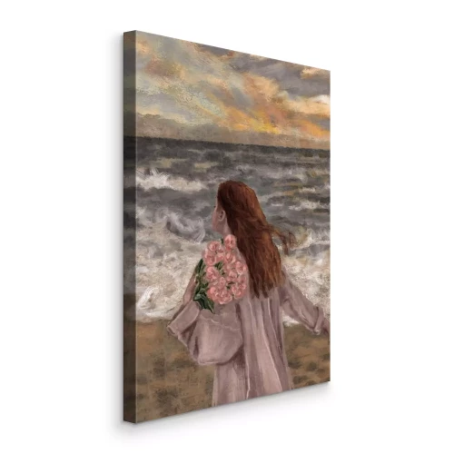 Canvas Portret van een vrouw met een boeket bloemen en een zee op de achtergrond