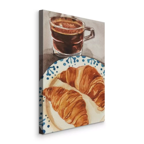 Canvas Een decoratief bord met croissants en een kopje zwarte koffie