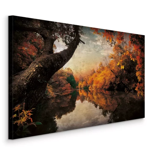 Canvas Herfstbos aan een rustige rivier