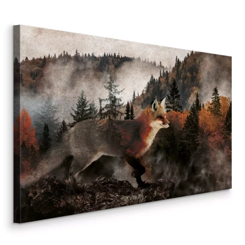 Canvas Herfstbos gehuld in mist met een vos