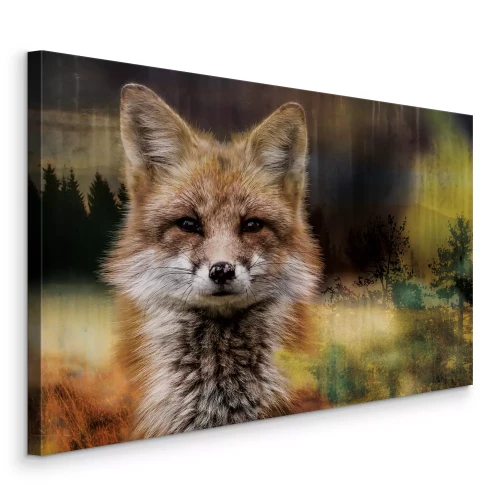 Canvas Een vos tegen de achtergrond van een wazig naaldbos