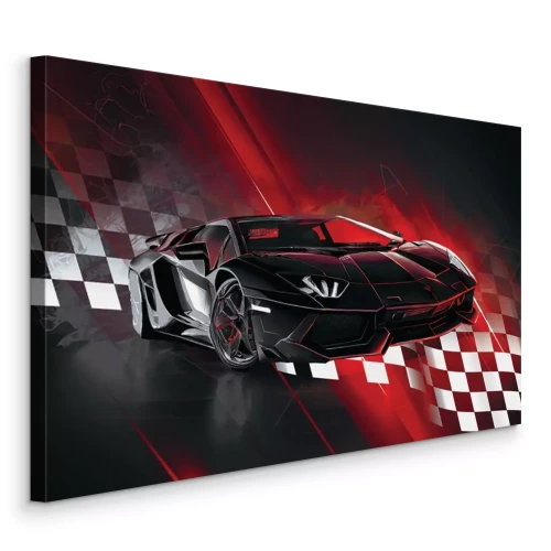 Canvas Een dynamische sportwagen met een vlag op de achtergrond