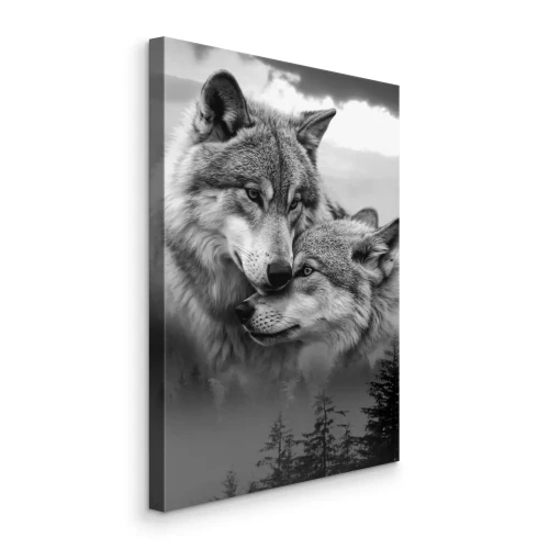 Canvas Zwart-wit mistig bos met silhouetten van wolven