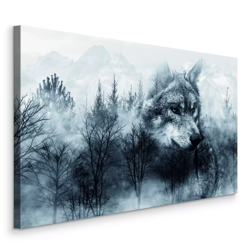Canvas Een wolf in een mistig zwart-wit naaldbos