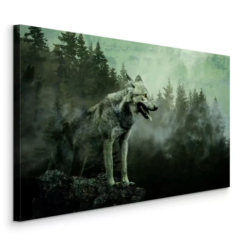 Canvas Een mistig landschap met een wolf tussen de pijnbomen